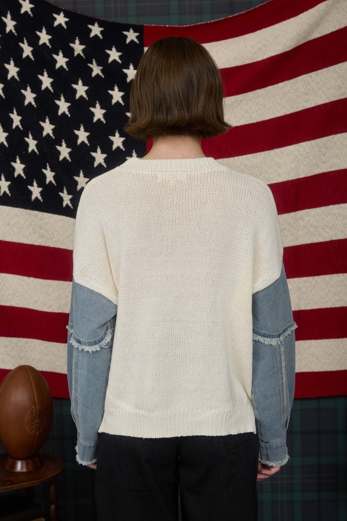 American Flag Denim Sleeve Sweater