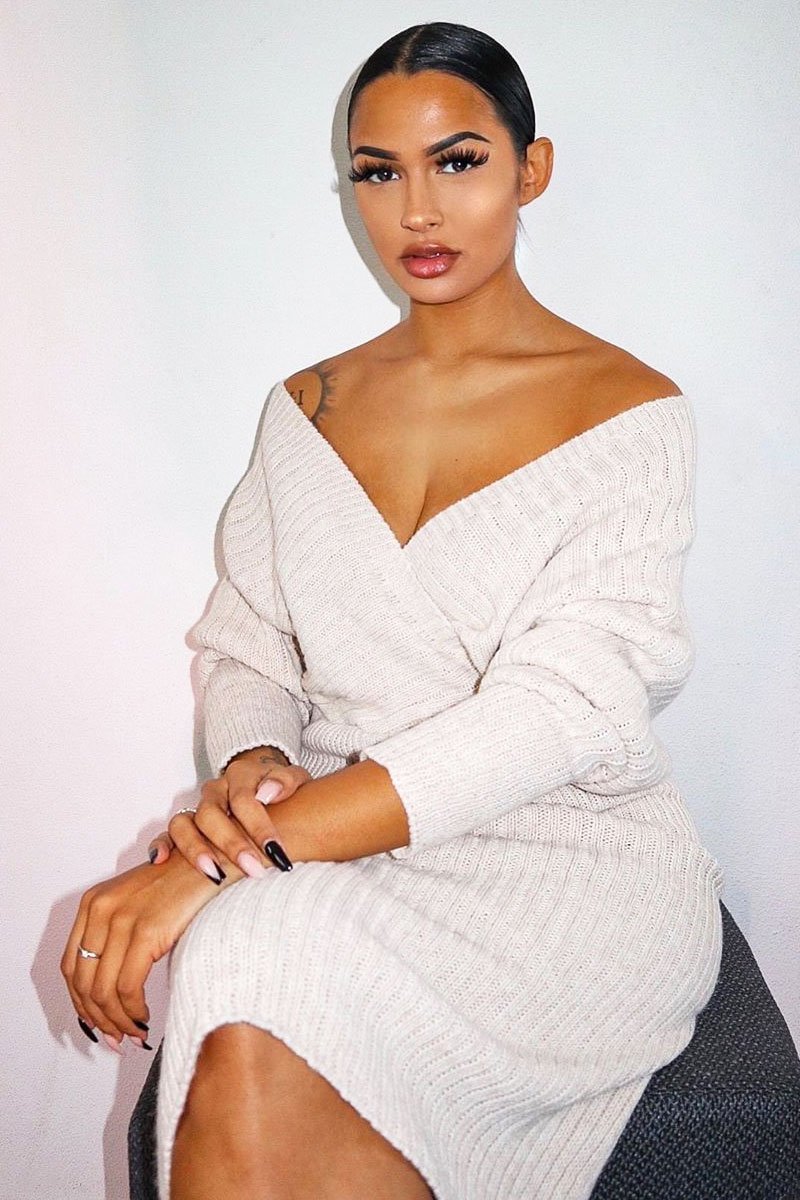 Beige Wrap Front Knit Midi Dress - Edan