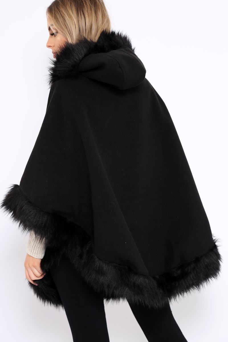 Black Fur Trim Poncho - Autumn