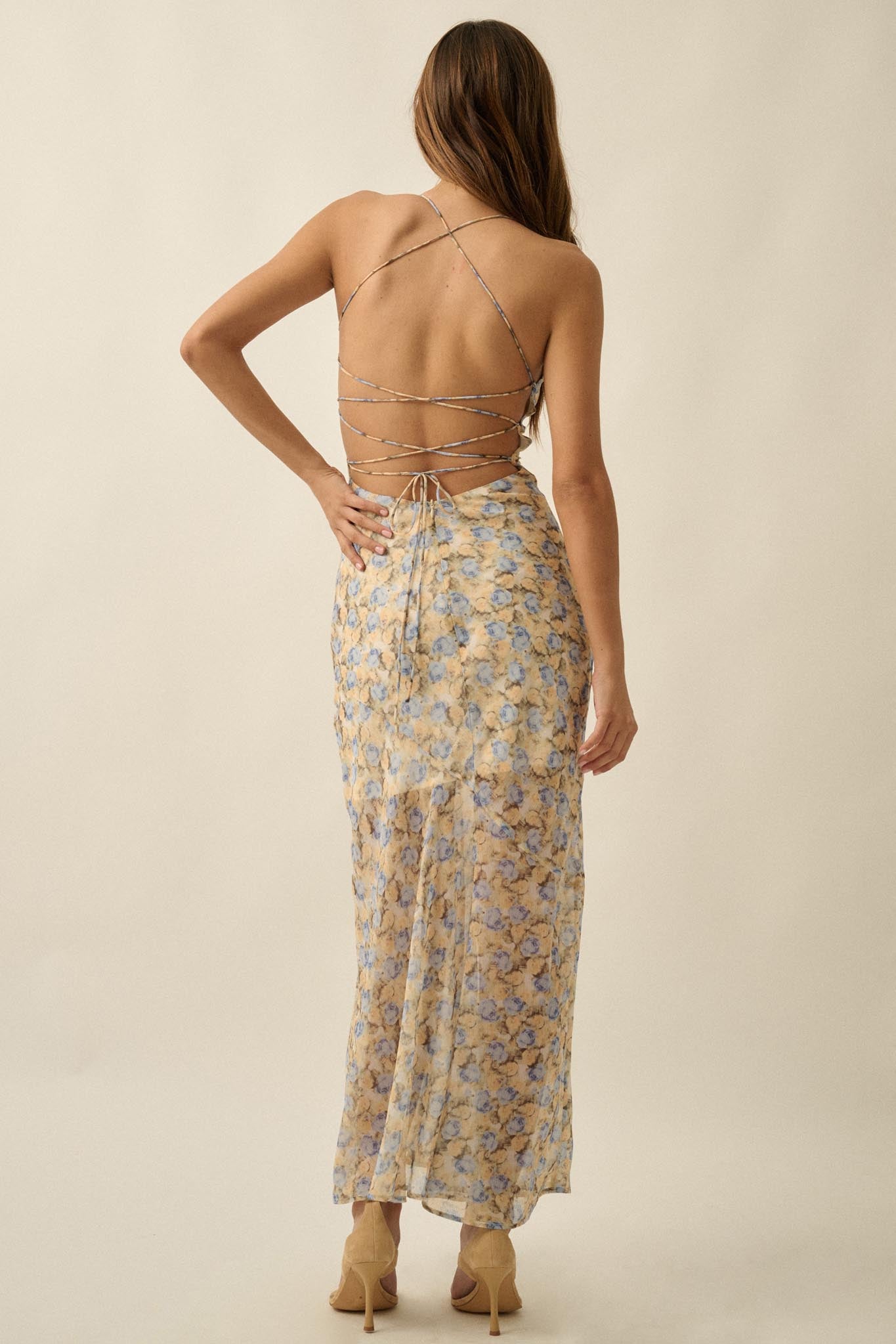 Sunshine Garden Floral Chiffon Open-Back Maxi Dress