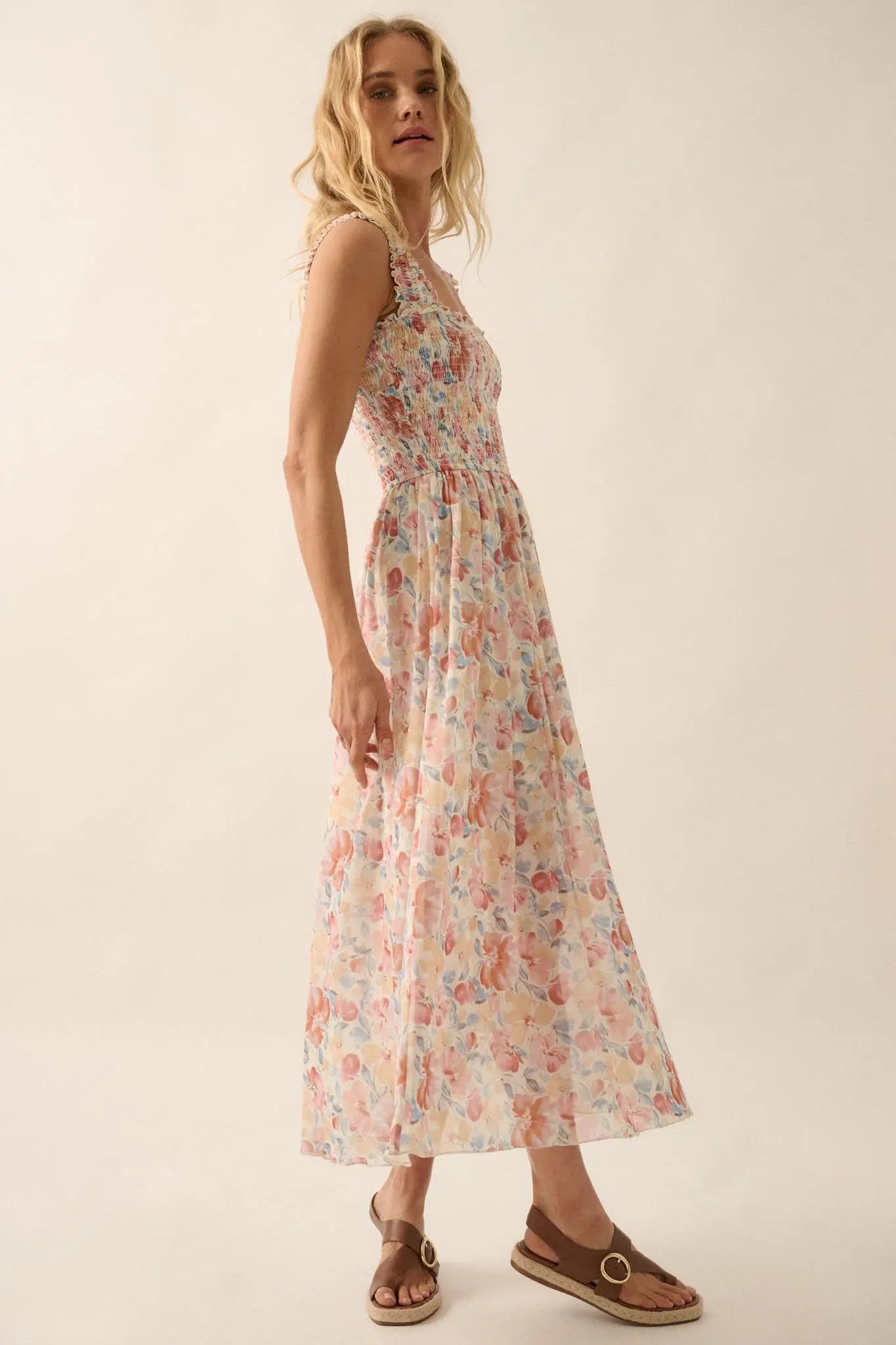 Sunny Day Bouquet Smocked Floral Mesh Maxi Dress