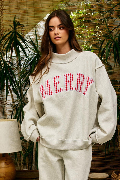 Appl Embr "MERRY" Varsity Mock Neck