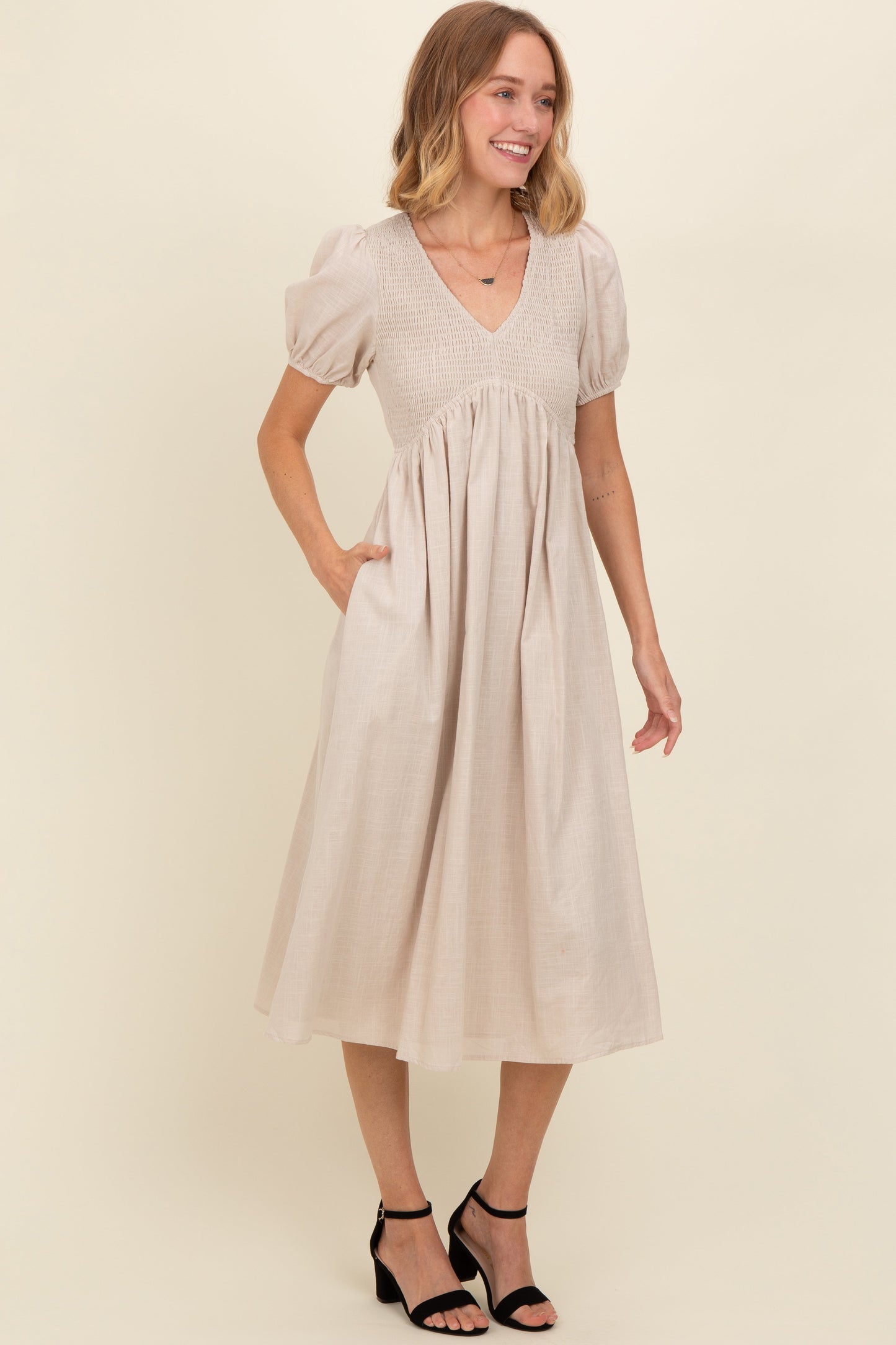 Beige Smocked V-Neck Puff Sleeve Midi Dress