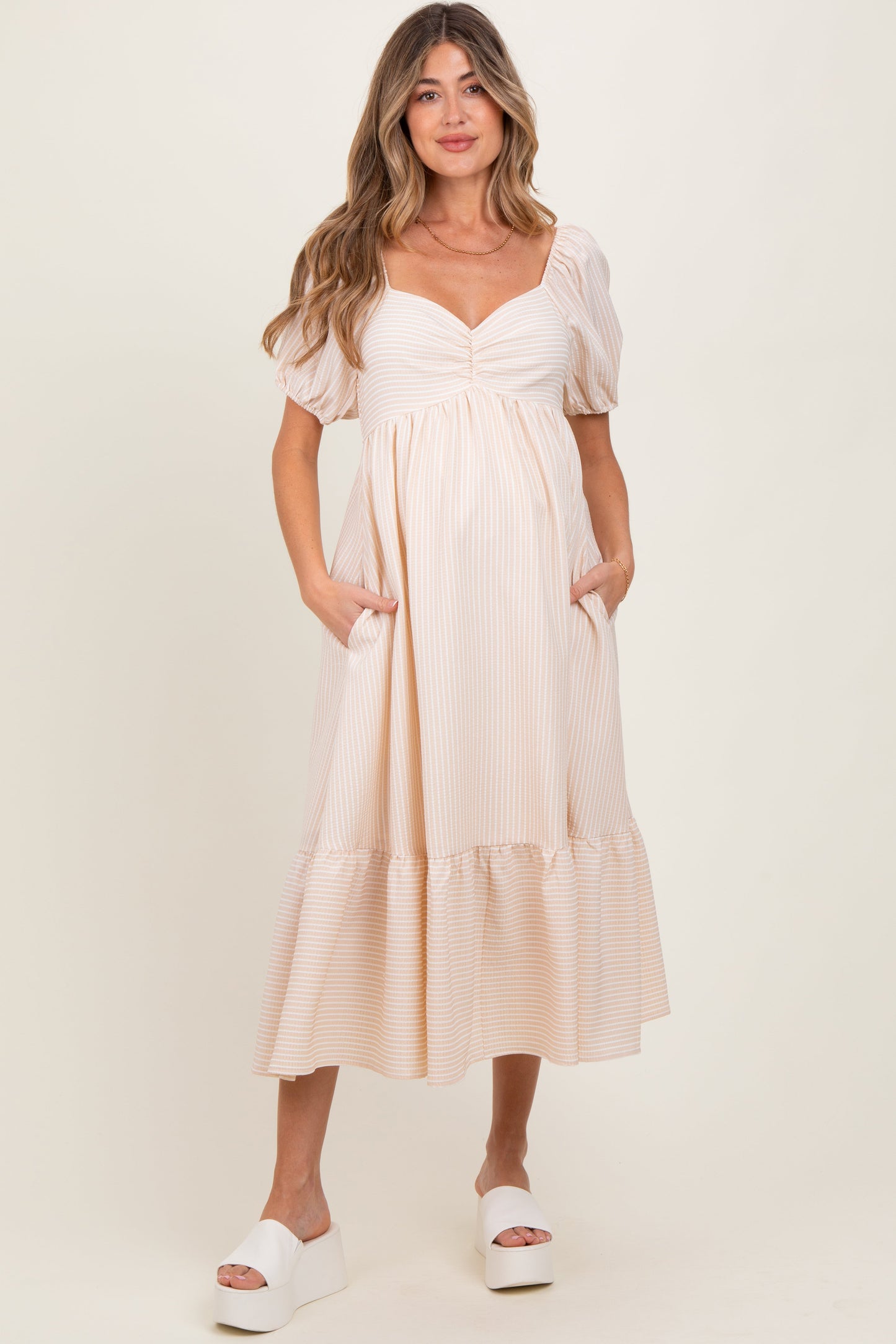 Beige Sweetheart Stripe Smocked Back Maternity Midi Dress