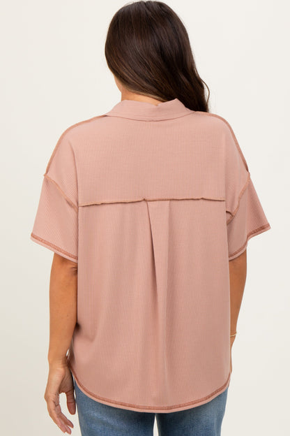 Beige Solid Ribbed Collar V-Neck Maternity Tunic Top
