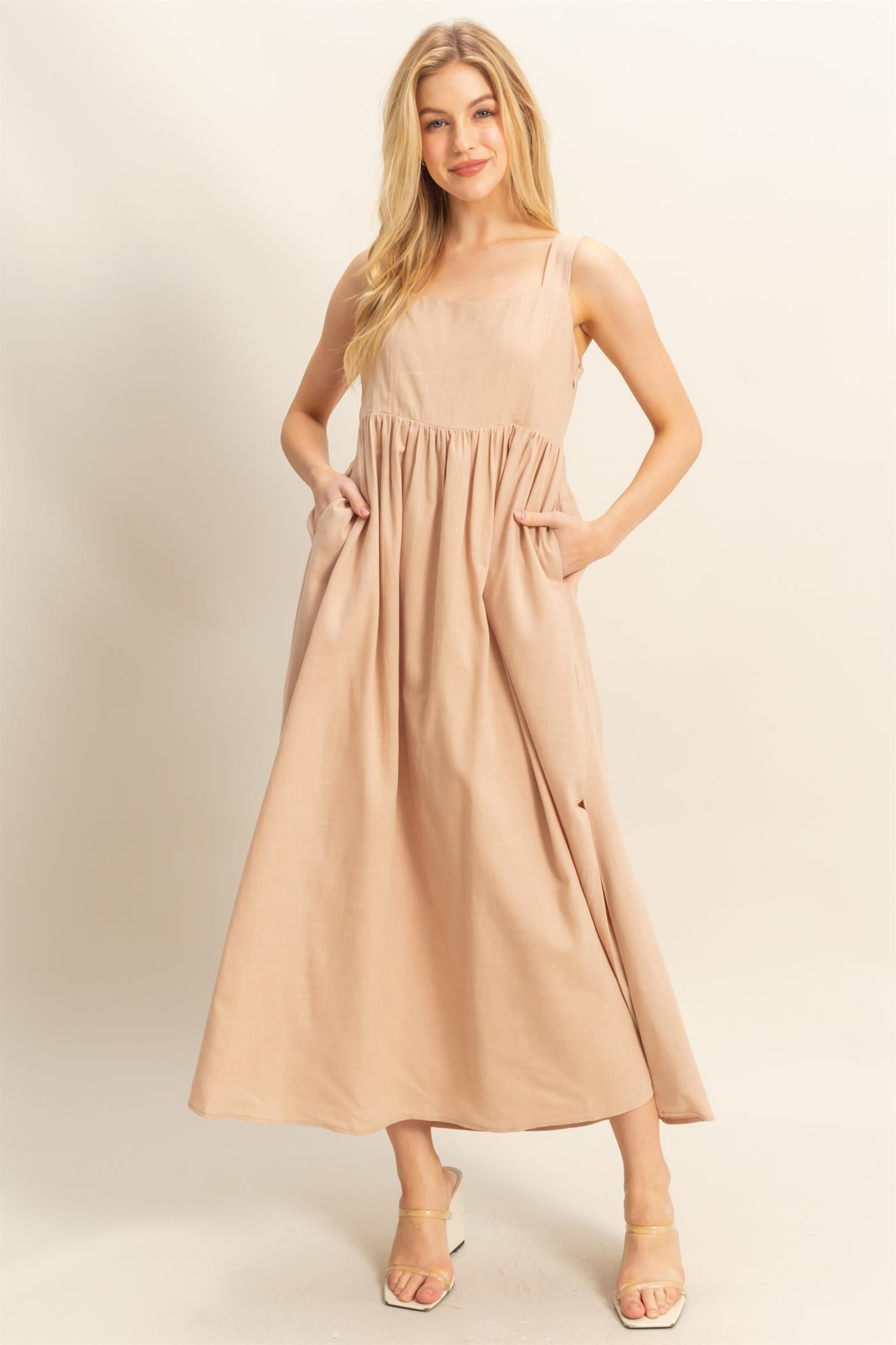 Beige Square Neck Fit And Flare Midi Dress