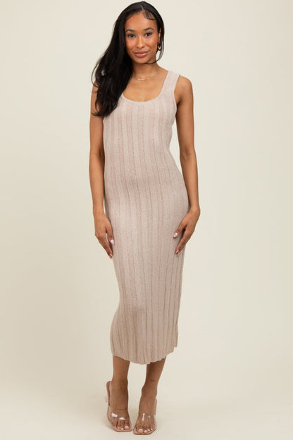 Beige Wide Ribbed Sweater Knit Midi Dress