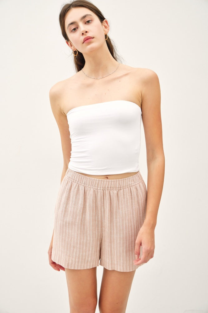 Beige Striped Linen Blend Shorts