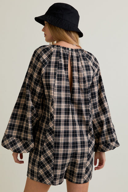 Black Beige Plaid Romper
