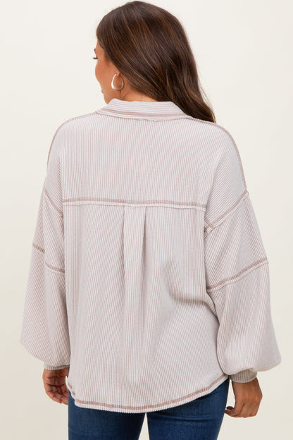 Beige Solid Ribbed Long Sleeve Pocketed Collared V-Neck Maternity Top