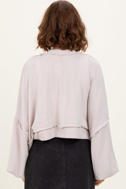 Beige Solid Ribbed Long Sleeve Cropped Cardigan