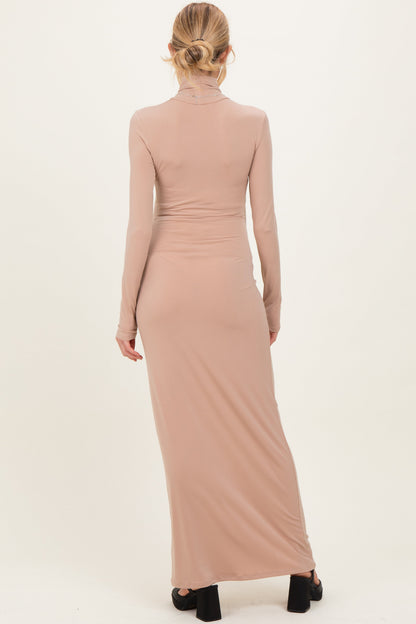 Beige Turtleneck Long Sleeve Maternity Maxi Dress