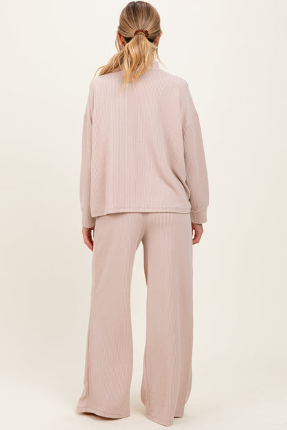 Beige Textured Rib Mock Neck Long Sleeve Pants Maternity Set