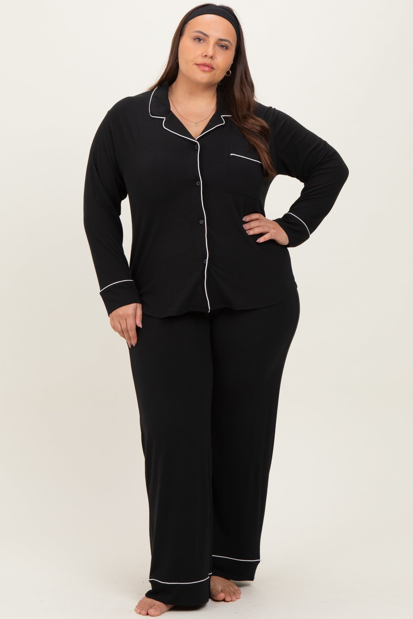 Black Button Down Top Wide Leg Pant Maternity Plus Pajama Set