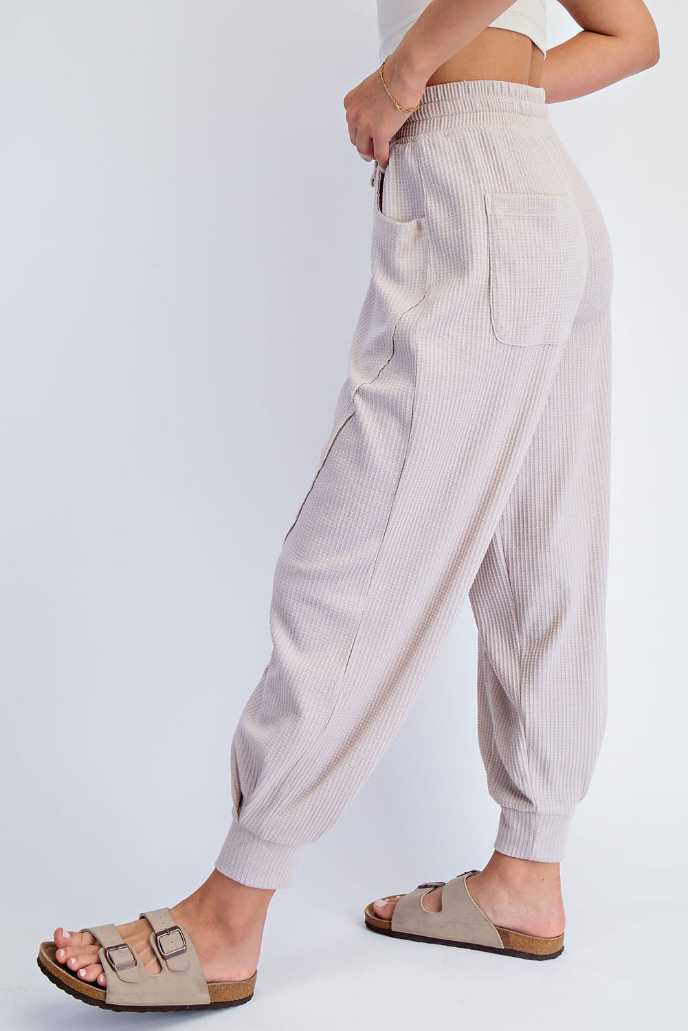 Beige Waffle Knit Raw Seam Joggers