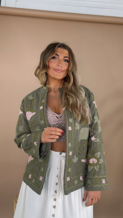 Flourish Floral Printed Jacket, Olive/Blush