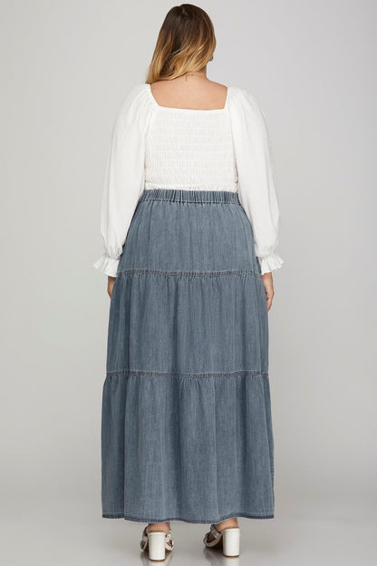 Curvy Denim Tiered Long Skirt