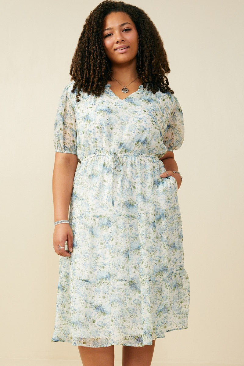 Curvy Ditsy Floral Ruffle Collared Dress