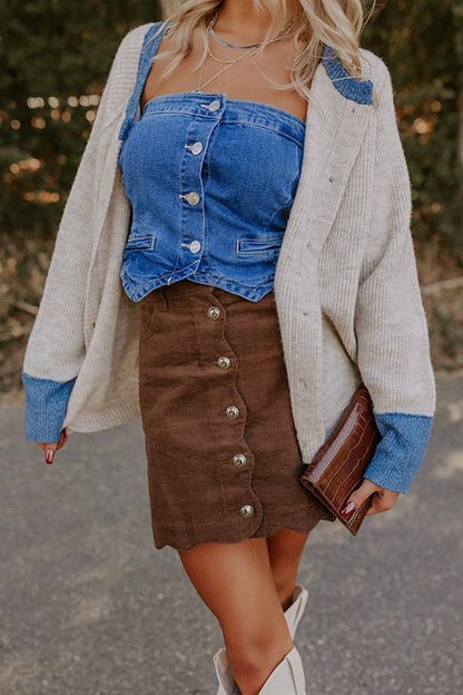 The Sienna High Waist Corduroy Mini Skirt in Chocolate