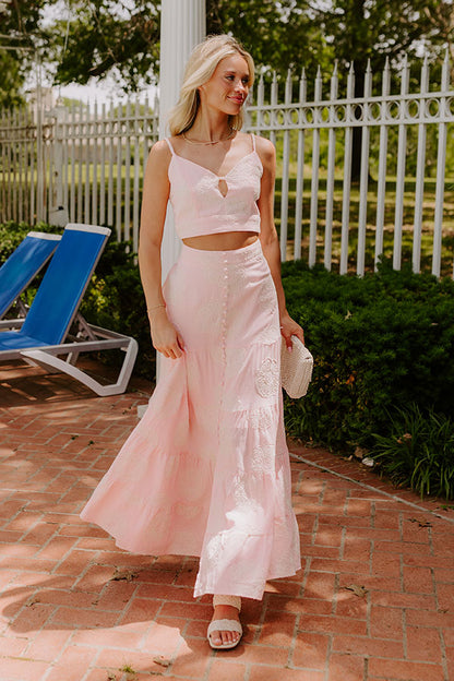 Sunkissed Meadow High Waist Embroidered Maxi Skirt in Pink
