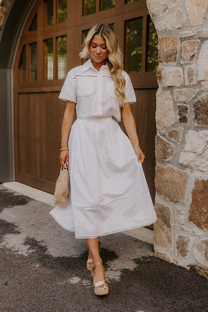 Courtyard Brunch High Waist Midi Skirt in White