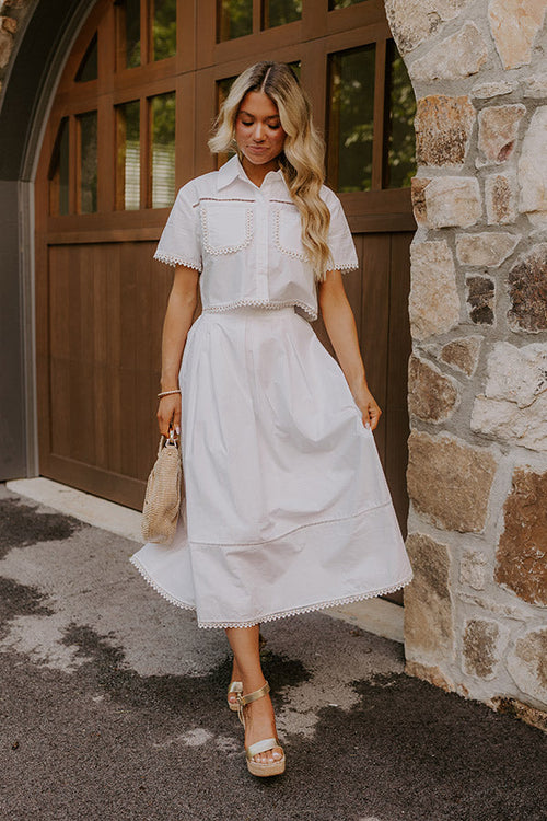Courtyard Brunch High Waist Midi Skirt in White