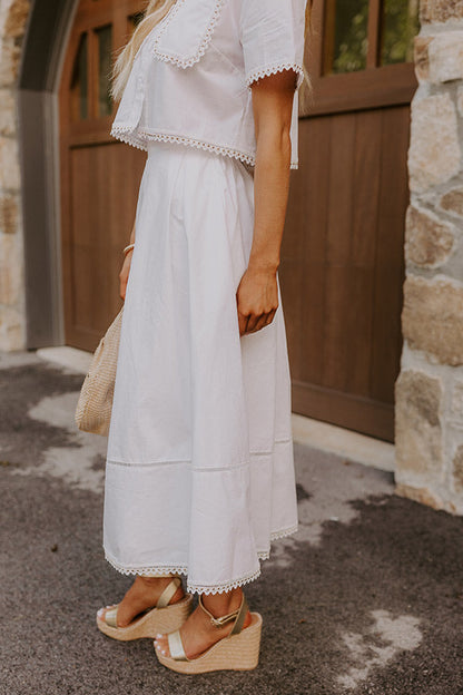 Courtyard Brunch High Waist Midi Skirt in White