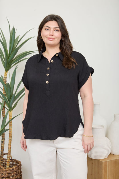 Curvy Collared Half Button SS Linen Top