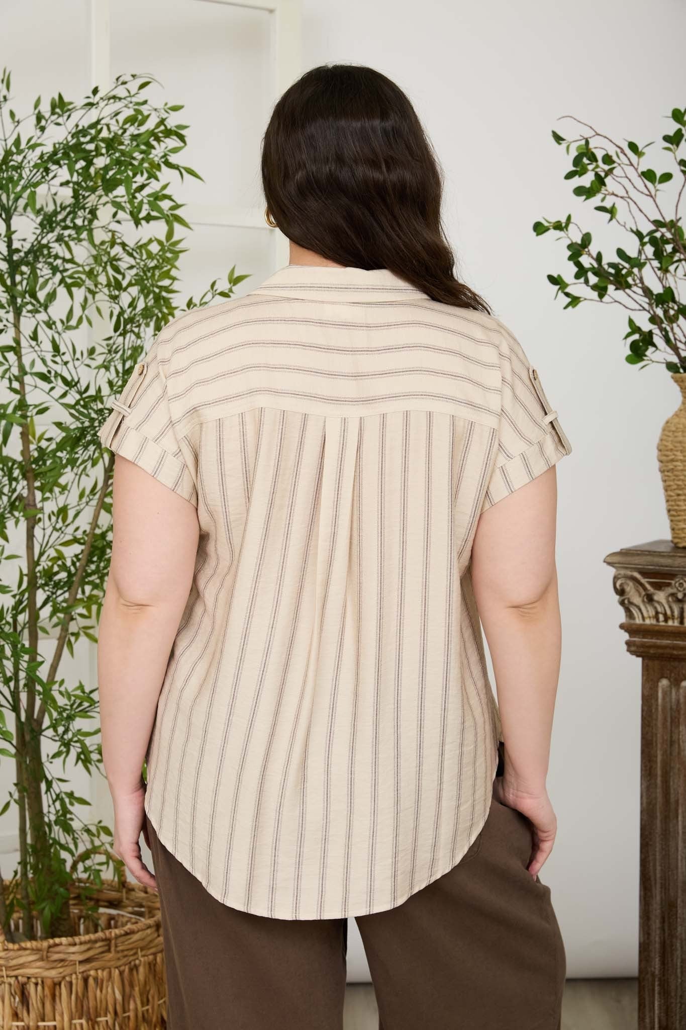 Curvy Stripe Tab Detail Collared Shirt