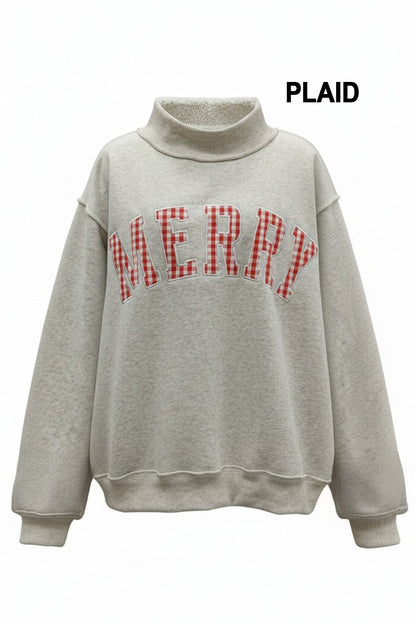 Appl Embr "MERRY" Varsity Mock Neck
