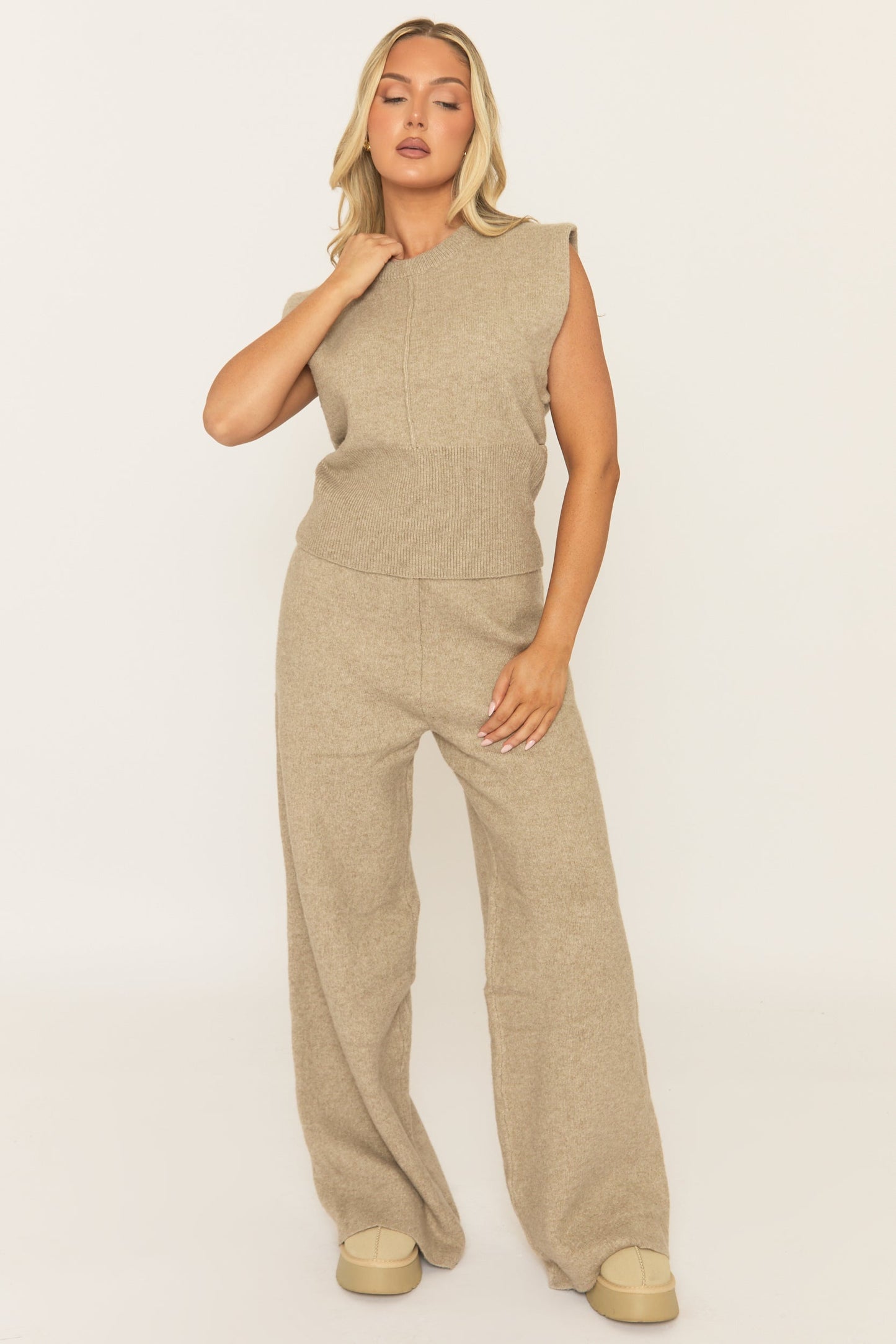 Beige Knitted Vest and Trouser Loungewear Co-ord Set - Aziel