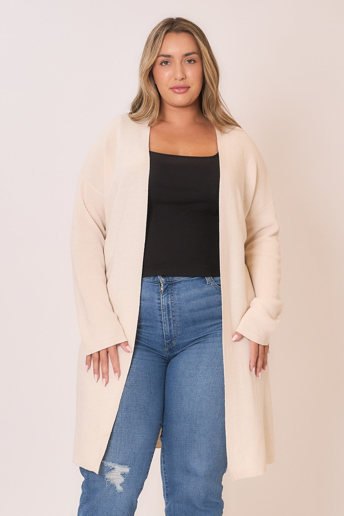 Curvy Knit Open Cardigan w/High Side Slits