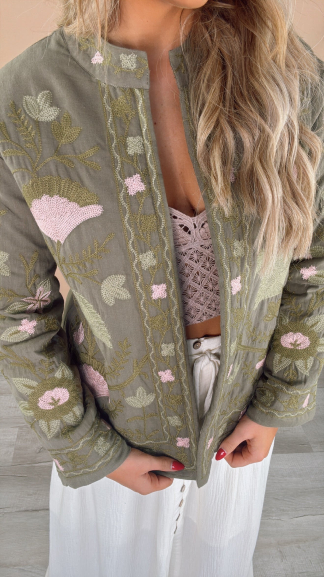 Flourish Floral Printed Jacket, Olive/Blush