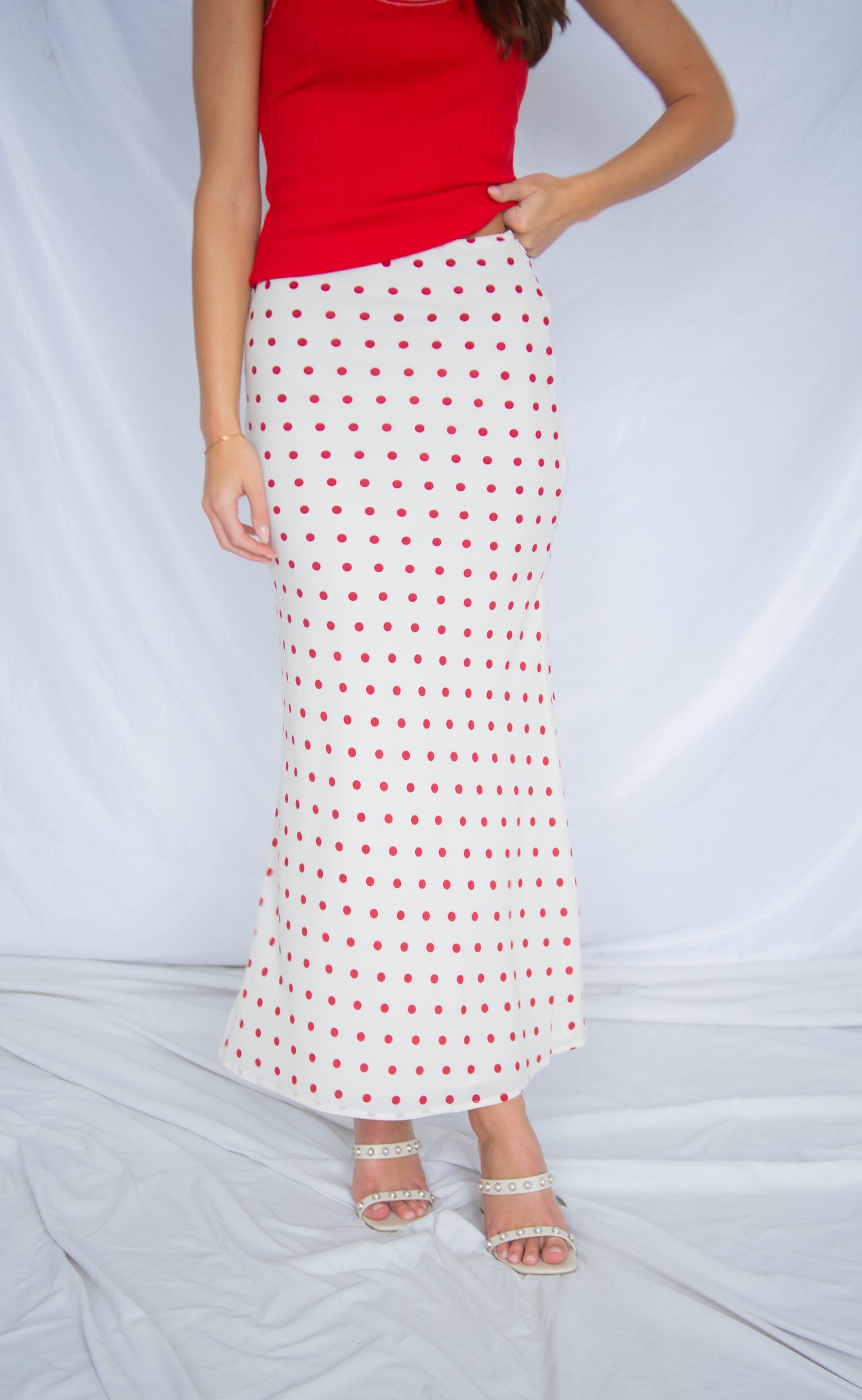slipping away polka dot midi skirt