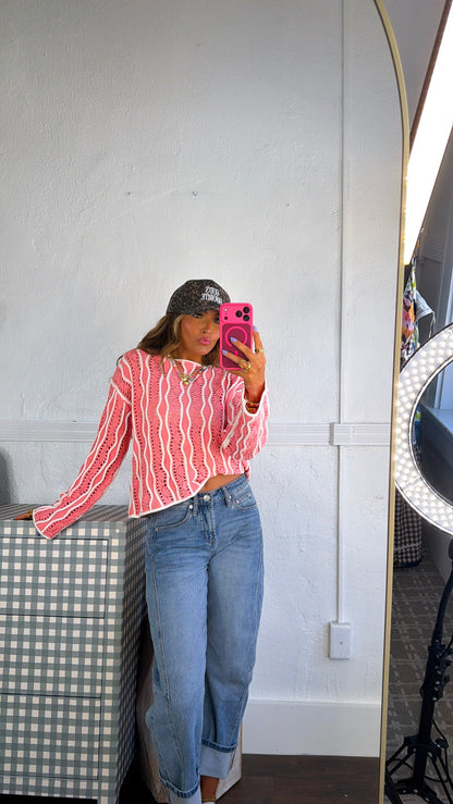 Open Sand Swirly Striped Sweater, Strawberry