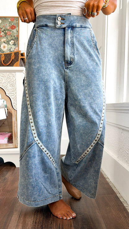 Relaxed Studded Barrel Jeans, Denim