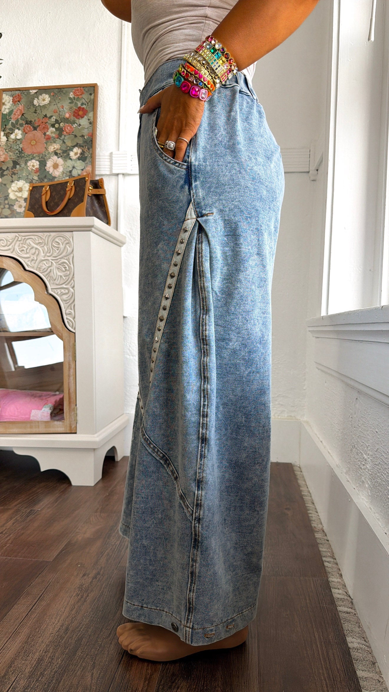 Relaxed Studded Barrel Jeans, Denim