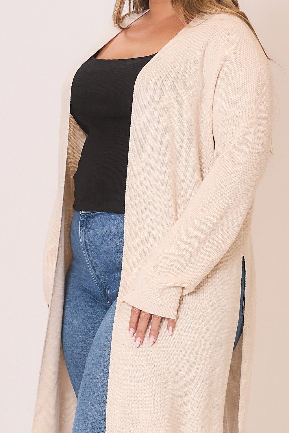 Curvy Knit Open Cardigan w/High Side Slits