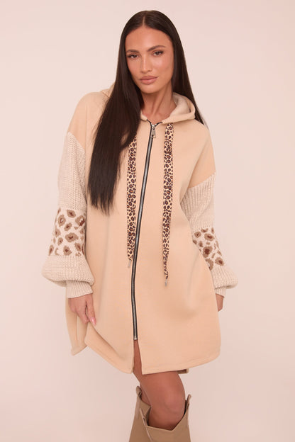 Beige Leopard Print Zip Front Oversized Jumper Dress - Hallie