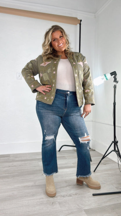Flourish Floral Printed Jacket, Olive/Blush