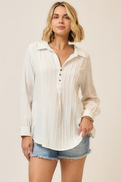 Curvy Pleat Detail Button Down Blouse