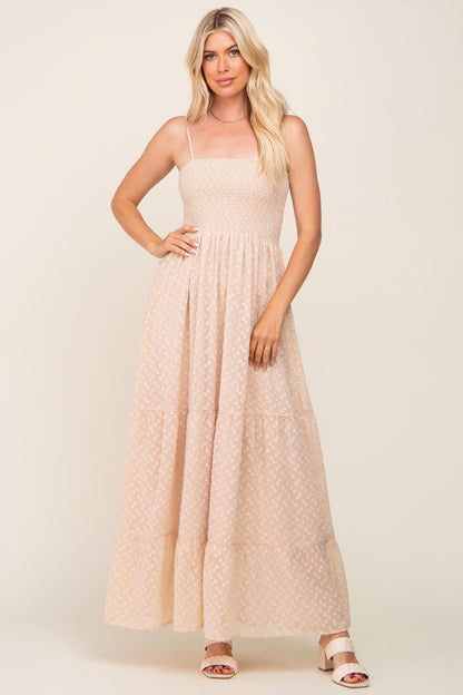 Beige Textured Dot Chiffon Sleeveless Maternity Maxi Dress