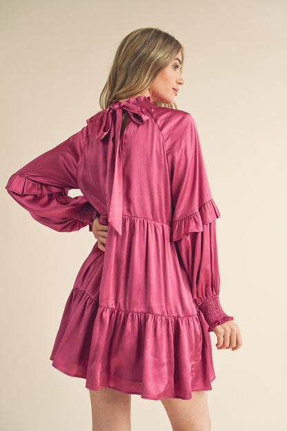 Berry Rose Mock Neck Tiered Mini Dress