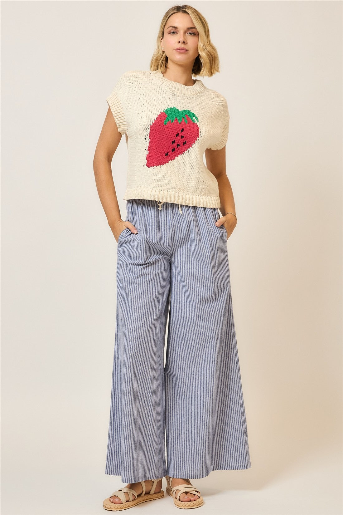 Curvy Pinstripe Wide Leg Pants W/Drawstring