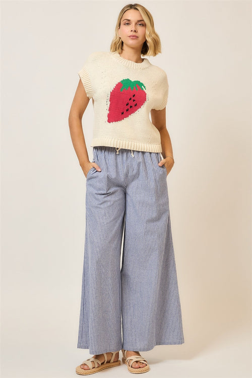 Curvy Pinstripe Wide Leg Pants W/Drawstring