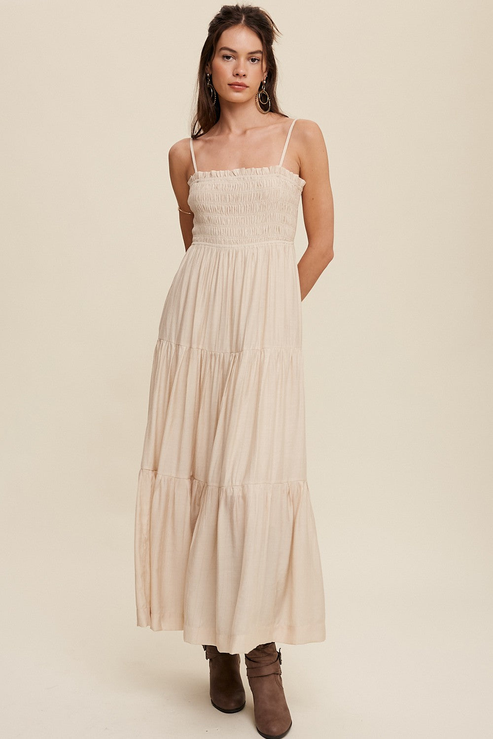 Beige Smocked Square Neck Back Cutout Tiered Midi Dress