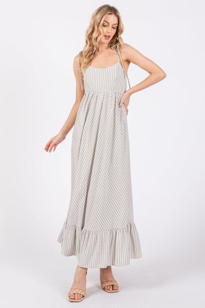 Beige Striped Tie Strap Maternity Maxi Dress