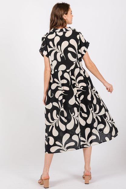 Black Abstract Print Collared Dress