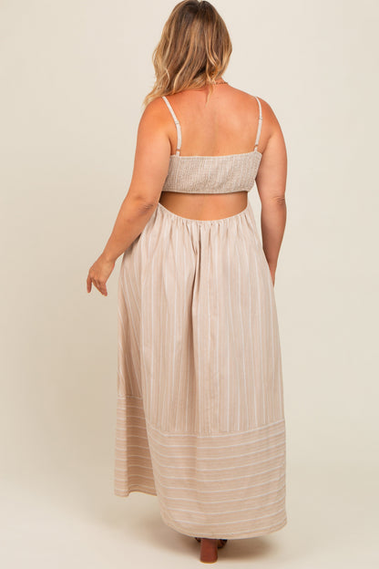 Beige Striped Cutout Back Maternity Plus Maxi Dress