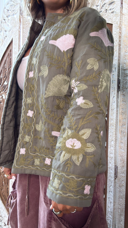 Flourish Floral Printed Jacket, Olive/Blush